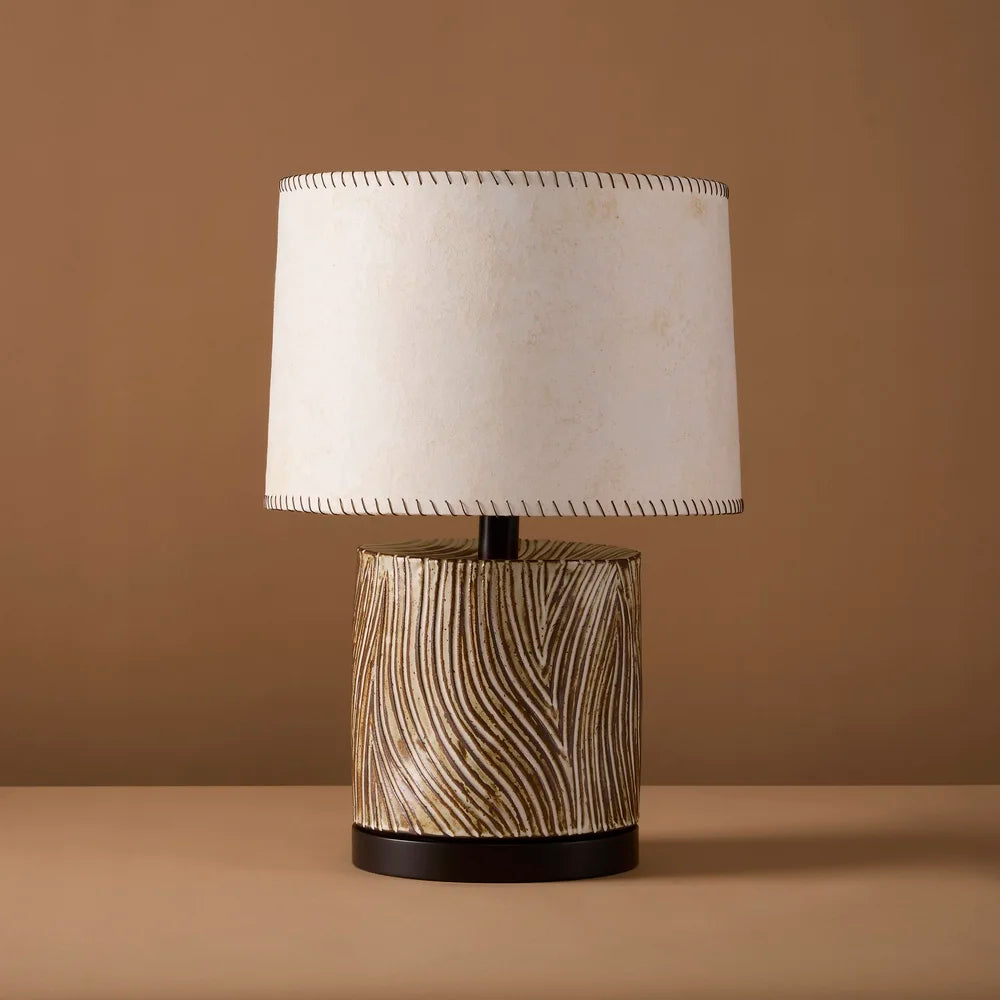 Kizamu Wide Undulating Lamp with leather Stitched Caba Paper Shade by Clate Gruden