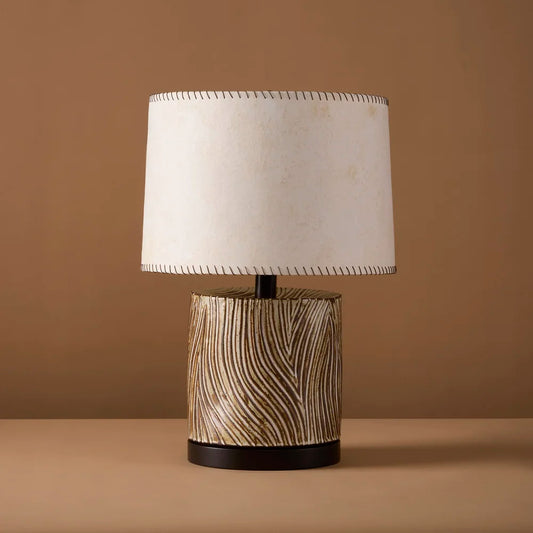 Kizamu Wide Undulating Lamp with leather Stitched Caba Paper Shade by Clate Gruden
