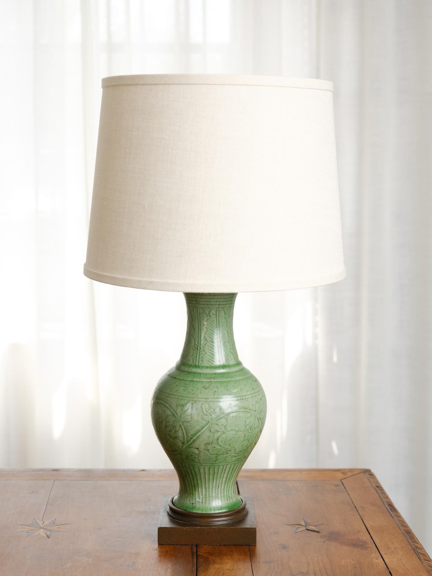 Green Chinese Vessels with Linen Shade