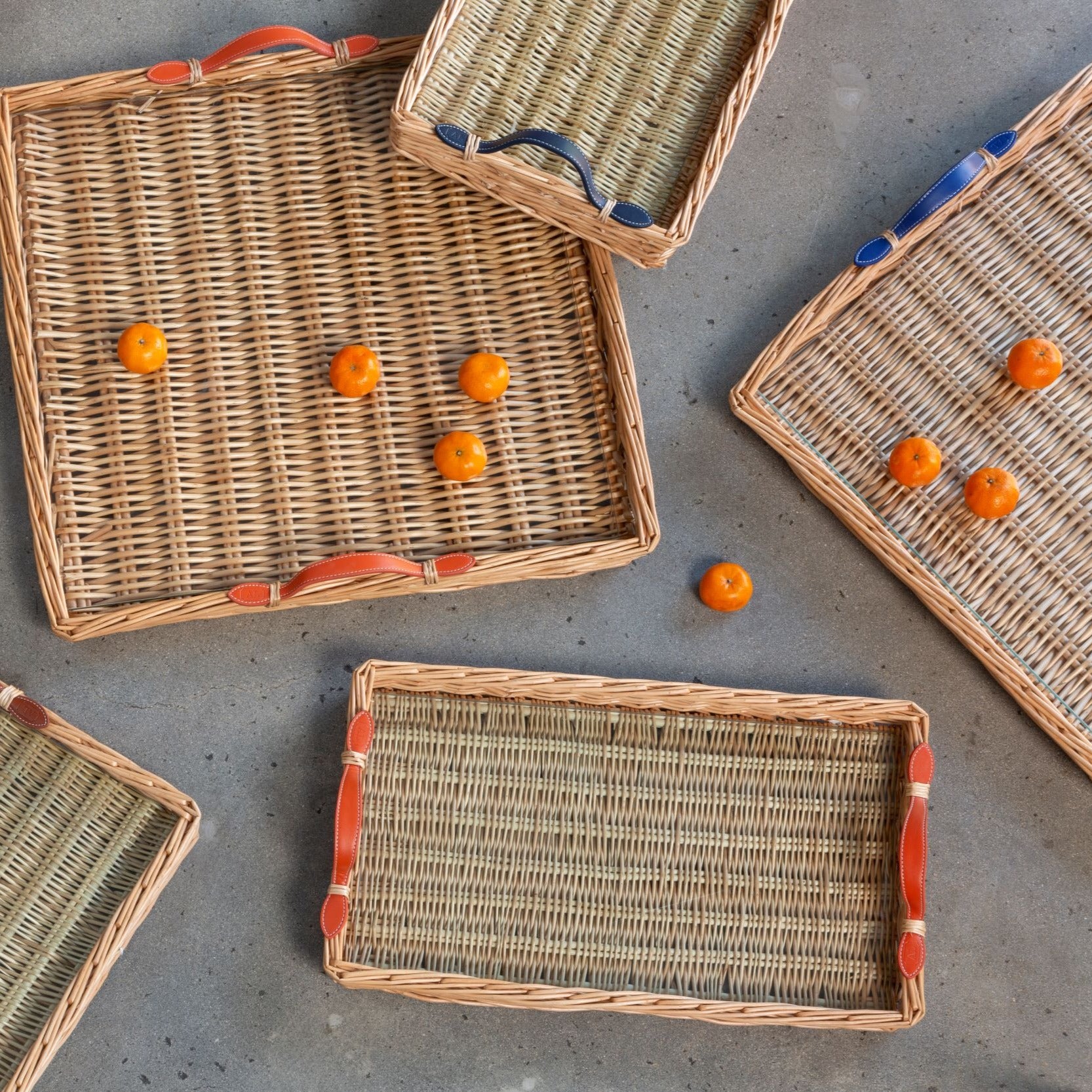 Wicker Trays with Leather Handles